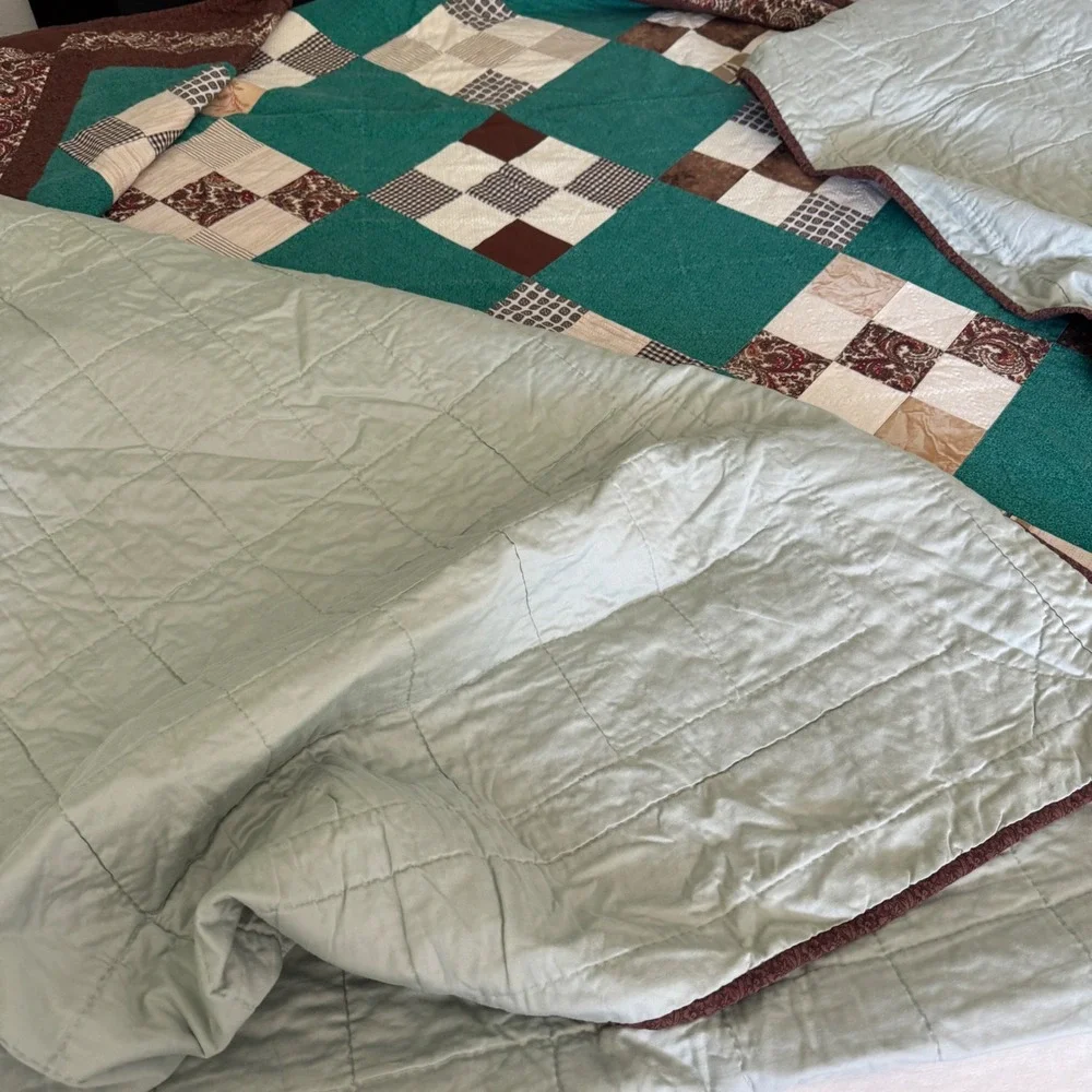 Handmade Patchwork Quilt Teal Brown Paisley Reversible Queen King 78x102
